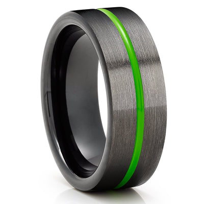 Green Tungsten Ring - Gunmetal Wedding Ring - Black Wedding Ring - Green Tungsten Ring