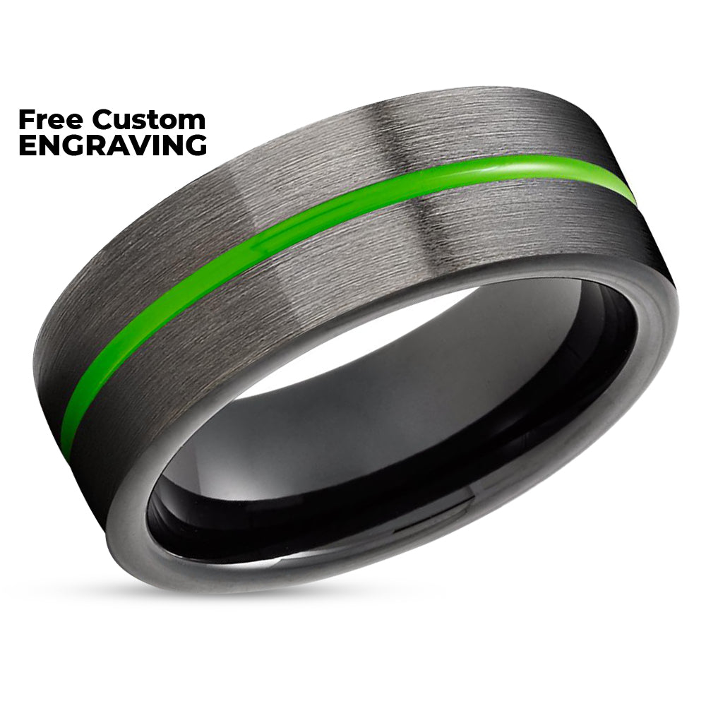 Green Tungsten Ring - Gunmetal Wedding Ring - Black Wedding Ring - Green Tungsten Ring