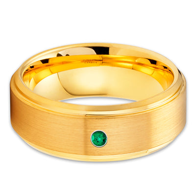 Emerald Tungsten Ring - 8mm - Yellow Gold Tungsten Ring - Brush Ring - Clean Casting Jewelry