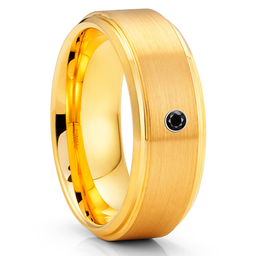 Black Diamond Tungsten Ring - Yellow Gold Tungsten - Tungsten Carbide - Brush
