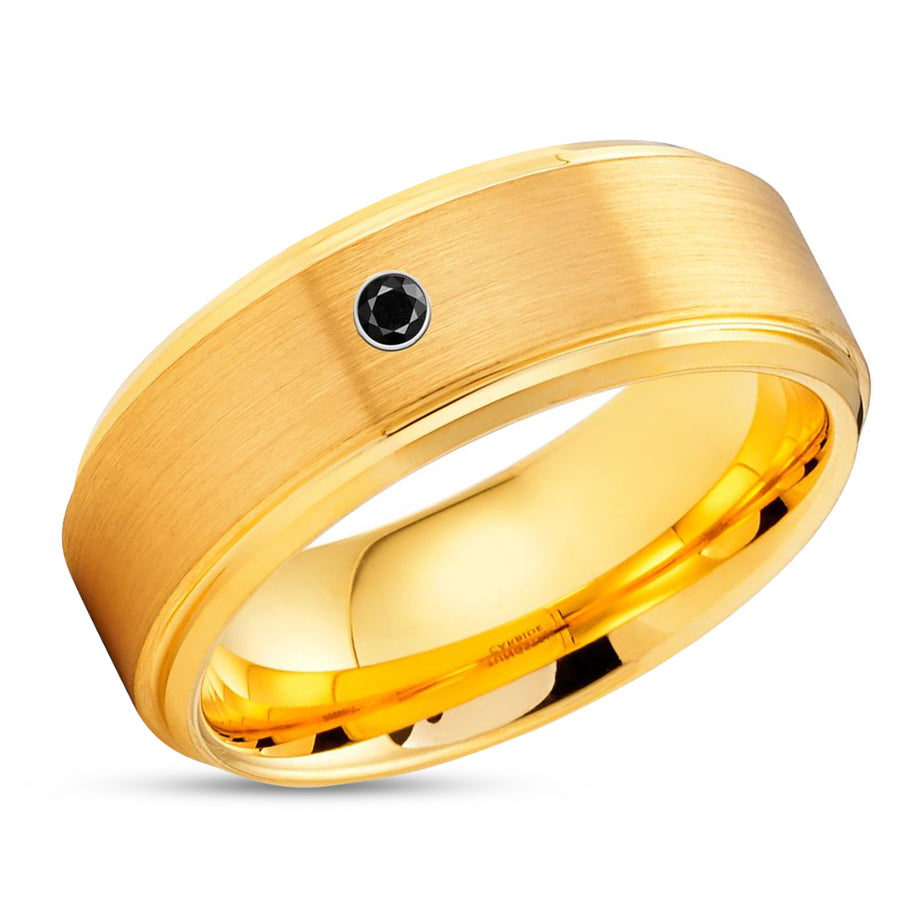 Black Diamond Tungsten Ring - Yellow Gold Tungsten - Tungsten Carbide - Brush