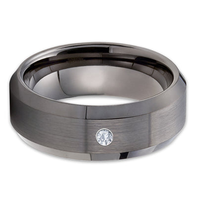 Gunmetal Tungsten Ring - White Diamond Ring - Gray Tungsten Band - 8mm - Clean Casting Jewelry