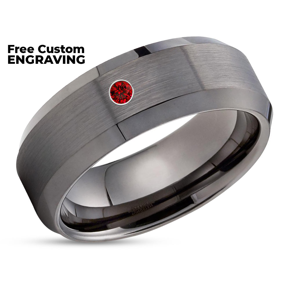 Ruby Tungsten Wedding Band - Gunmetal Tungsten Ring - Gray Tungsten - 8mm
