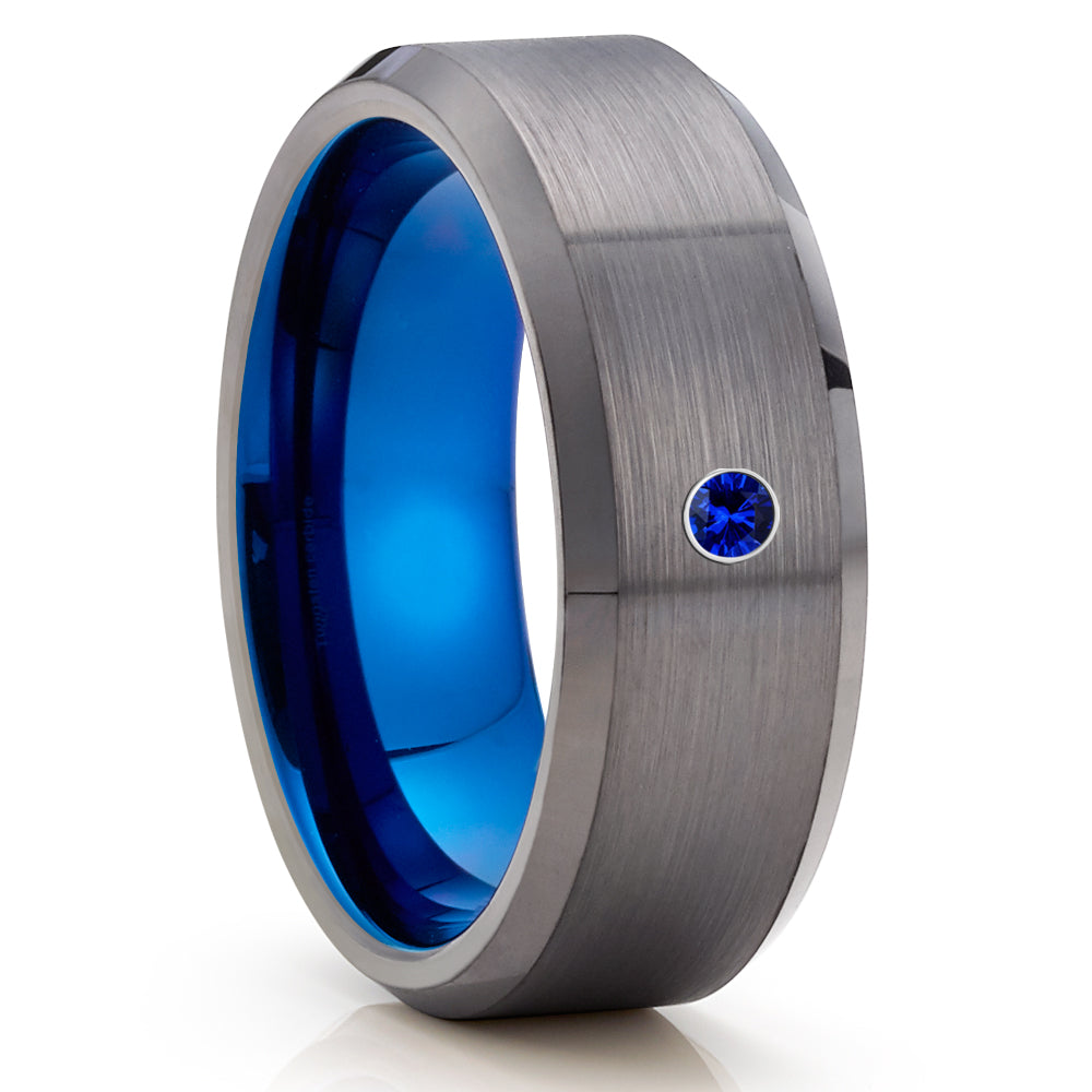 Blue Sapphire Tungsten Ring - Gunmetal Tungsten Ring - Gray Tungsten Ring - Clean Casting Jewelry