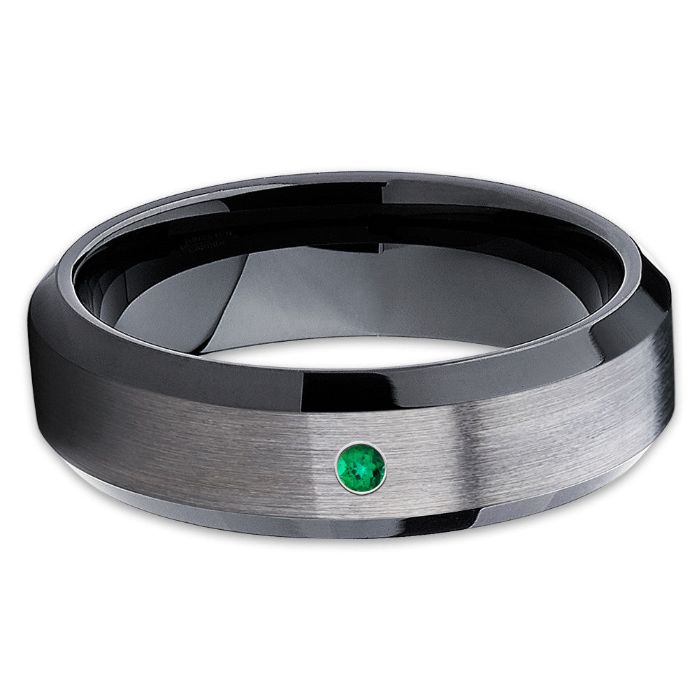 Tungsten Wedding Band - Emerald Ring - Black Tungsten Ring - Gunmetal - Clean Casting Jewelry