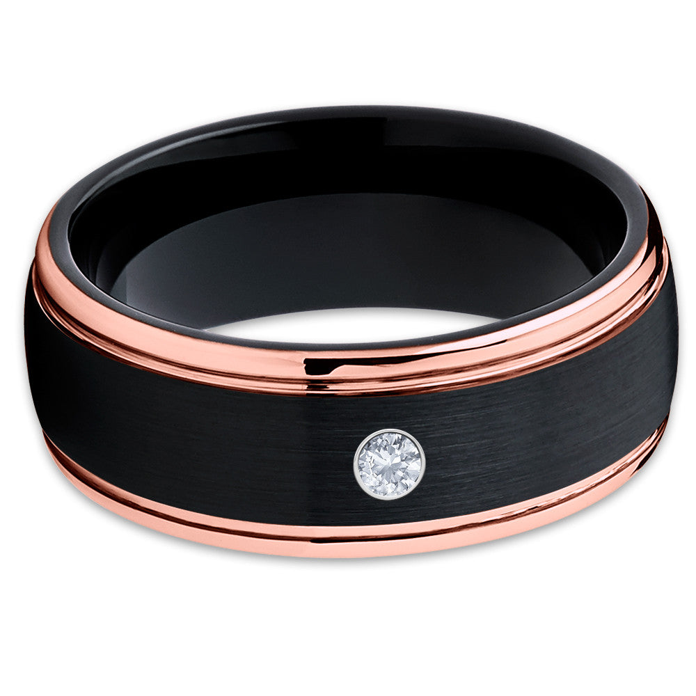 Black Tungsten Wedding Band - White Diamond Tungsten Ring - Rose Gold - Clean Casting Jewelry