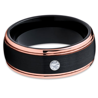 Black Tungsten Wedding Band - White Diamond Tungsten Ring - Rose Gold - Clean Casting Jewelry