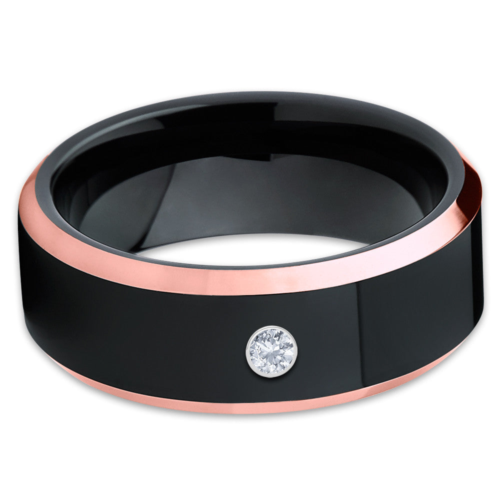 Black Tungsten Ring - Rose Gold Tungsten - White Diamond Ring - Unisex - Clean Casting Jewelry