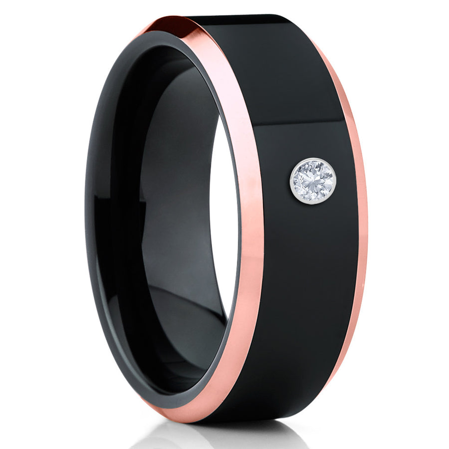 Black Tungsten Ring - Rose Gold Tungsten - White Diamond Ring - Unisex - Clean Casting Jewelry