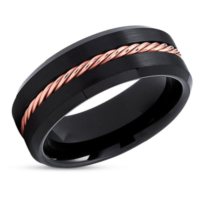 Black Tungsten Ring - Rose Gold Braid - Black Tungsten Wedding Band - Brush