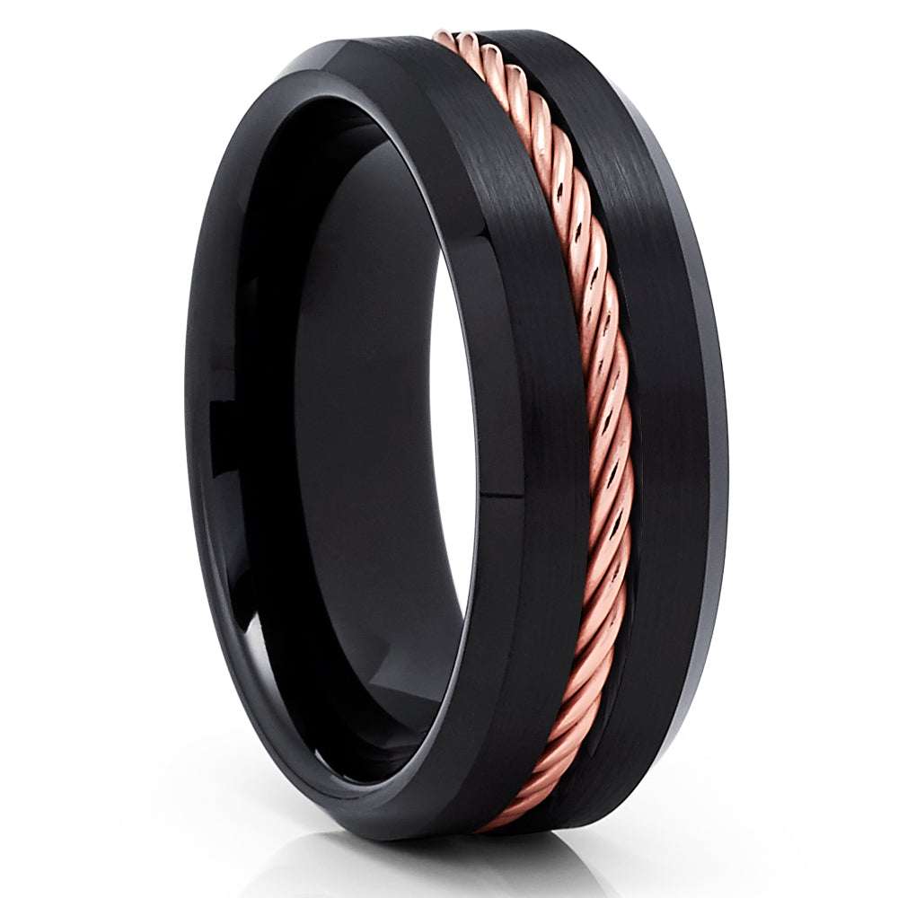 Black Tungsten Ring - Rose Gold Braid - Black Tungsten Wedding Band - Brush - Clean Casting Jewelry