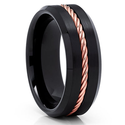 Black Tungsten Ring - Rose Gold Braid - Black Tungsten Wedding Band - Brush - Clean Casting Jewelry