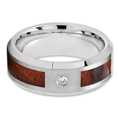 Koa Wood Wedding Band - Tungsten Ring - White Diamond Tungsten - Men's Ring - Clean Casting Jewelry