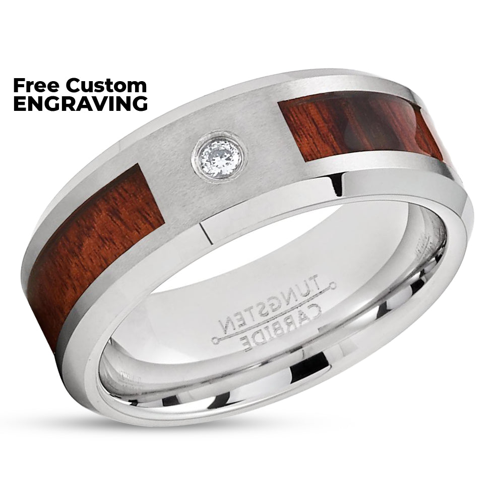 Koa Wood Wedding Band - Tungsten Ring - CZ Diamond Tungsten - Men's Ring - 8mm