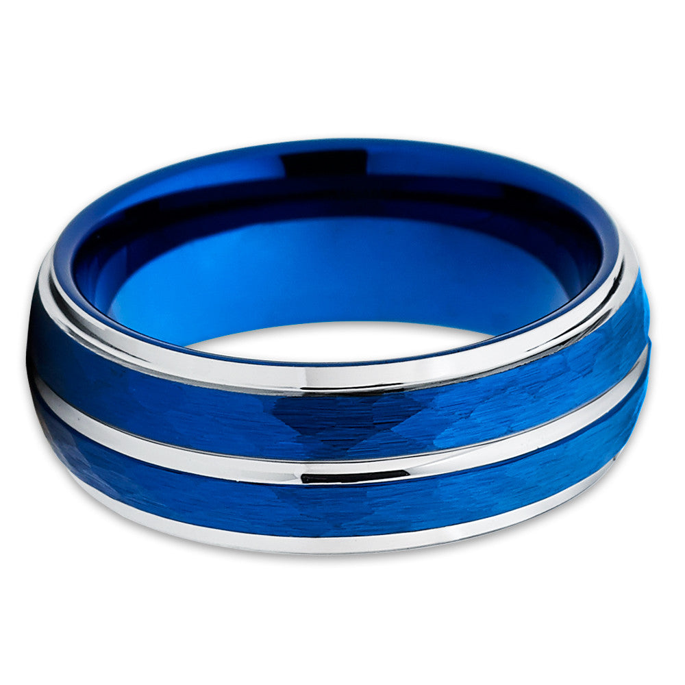 Blue Tungsten Band - Hammered Style - Blue Tungsten Wedding Band - 8mm - Clean Casting Jewelry