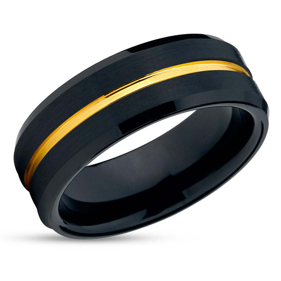 Yellow Gold Wedding Ring - Black Wedding Ring - Black Tungsten Ring - Anniversary Ring