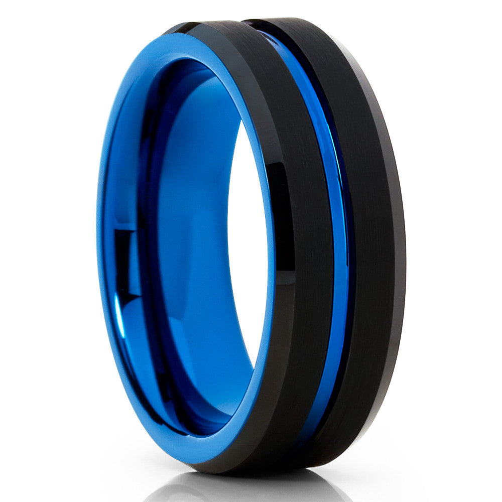 Blue Tungsten Wedding Band - Black - Men's Tungsten - Blue Tungsten Ring - Clean Casting Jewelry