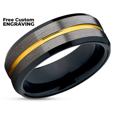 Yellow Gold Tungsten Ring - Black Tungsten Band - Gray Wedding Band - Gunmetal