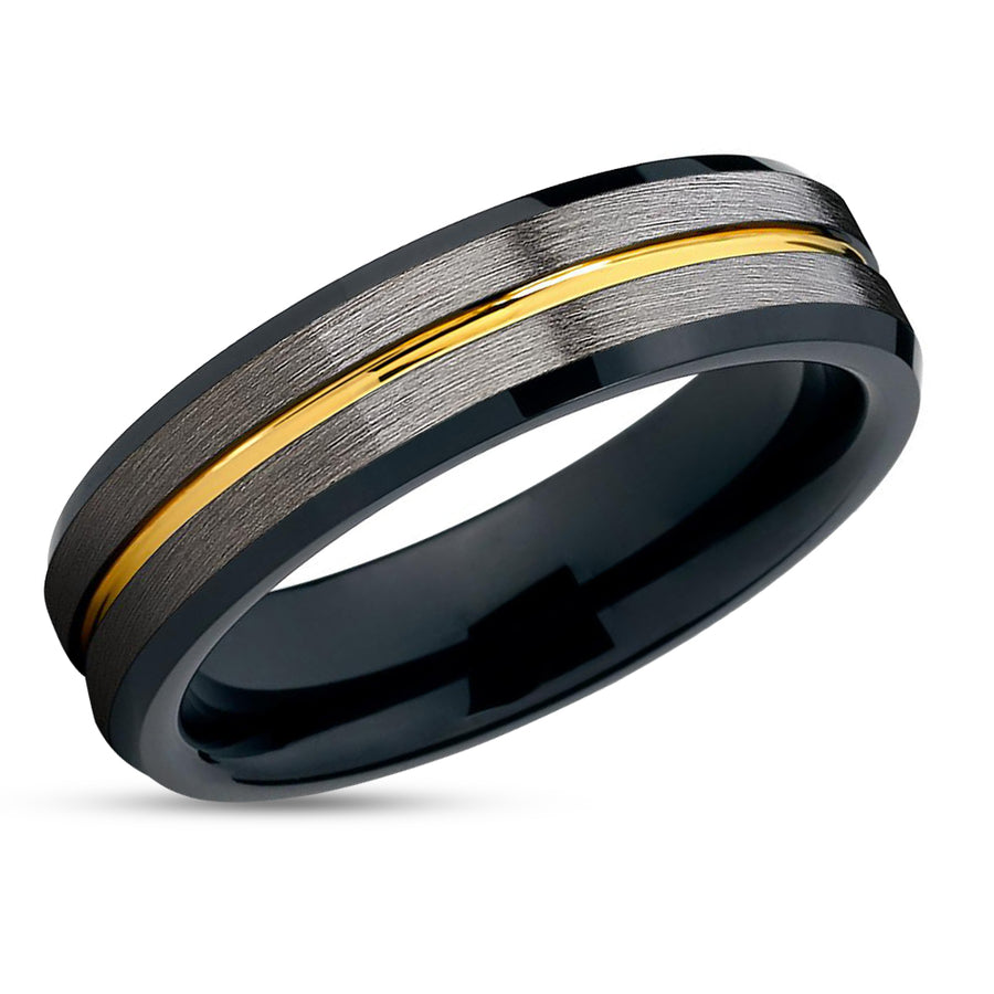 Yellow Gold Tungsten Ring - Black Tungsten Ring - Gunmetal Wedding Ring - Tungsten