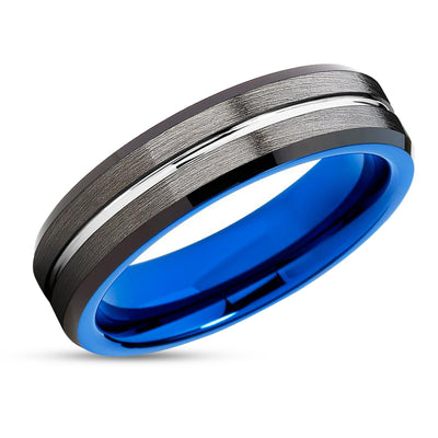Gunmetal Wedding Band - Blue Wedding Ring - Tungsten Wedding Band - Silver Ring