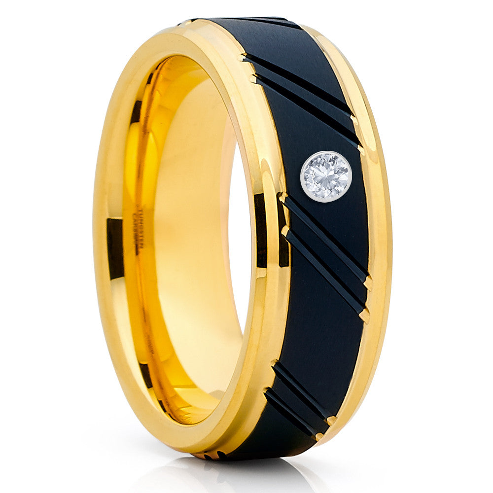 Yellow Gold Tungsten Wedding Ring - White Diamond Ring - Black Tungsten Ring - Band