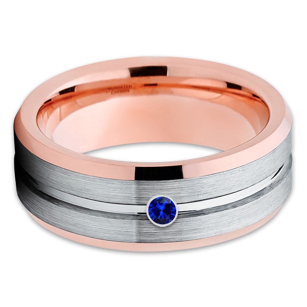 Blue Sapphire Ring - Rose Gold Tungsten - Gray Tungsten Ring - Brush Finish - Clean Casting Jewelry