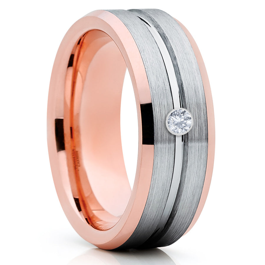 White Diamond Tungsten Ring - Grey Wedding Band - Rose Gold Tungsten - Clean Casting Jewelry