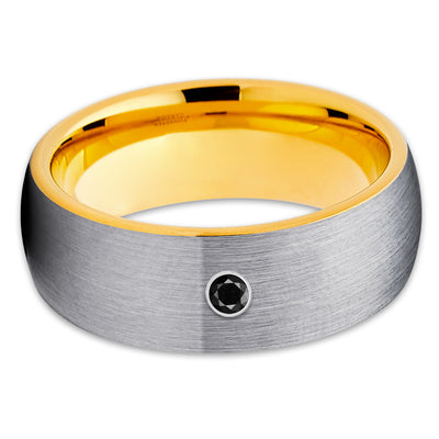 Yellow Gold Tungsten Ring - Black Diamond Ring - Gray Tungsten Ring - Unique - Clean Casting Jewelry