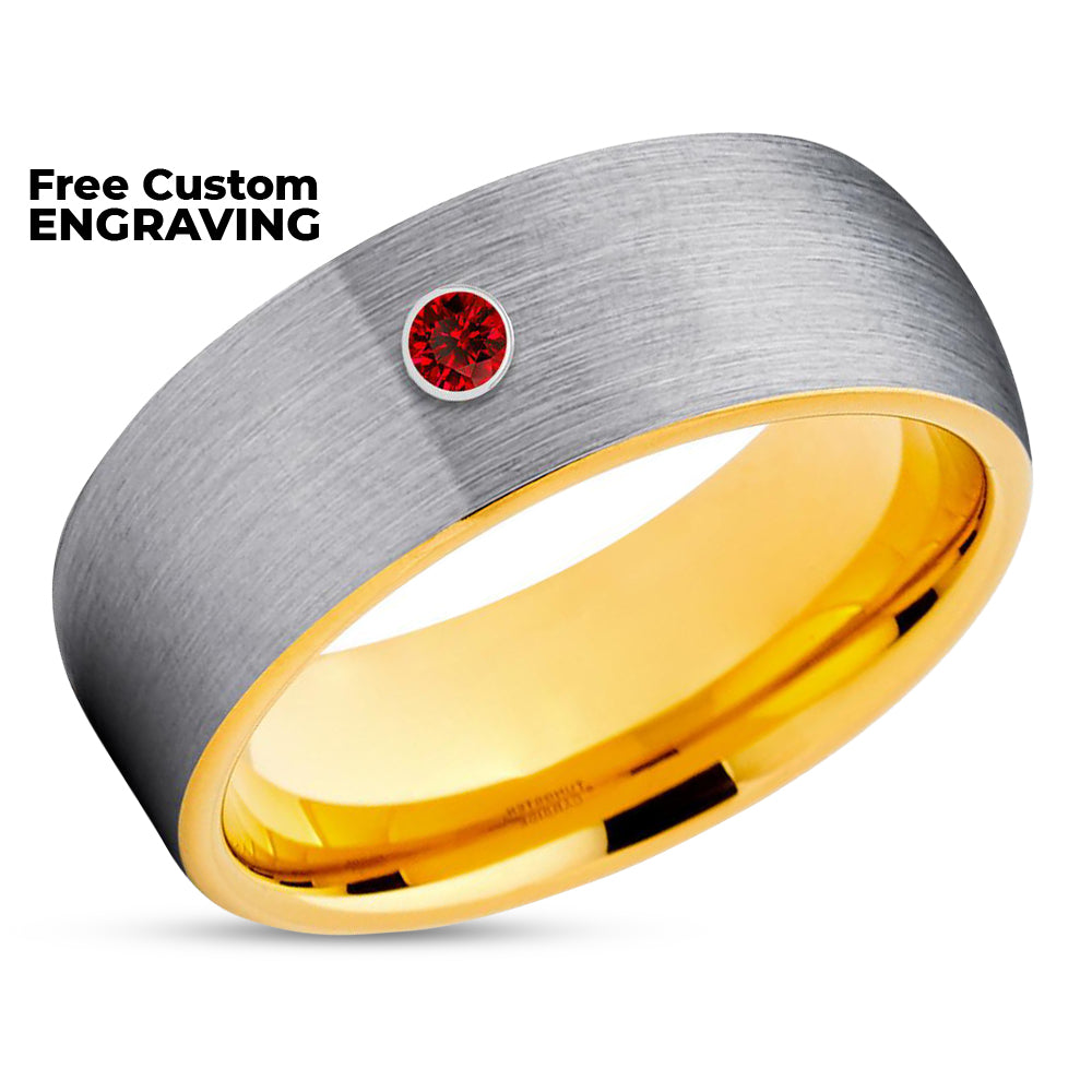 Ruby Wedding Ring - Yellow Gold Tungsten Ring - Engagement Ring - 18K Yellow Gold