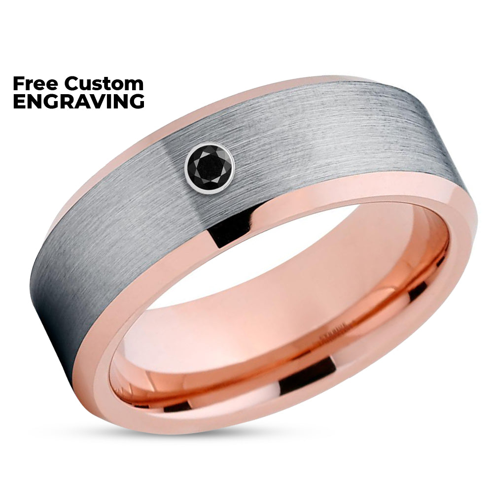 Rose Gold Tungsten Ring - Black Diamond Ring - Rose Gold Tungsten - Rose Gold Ring