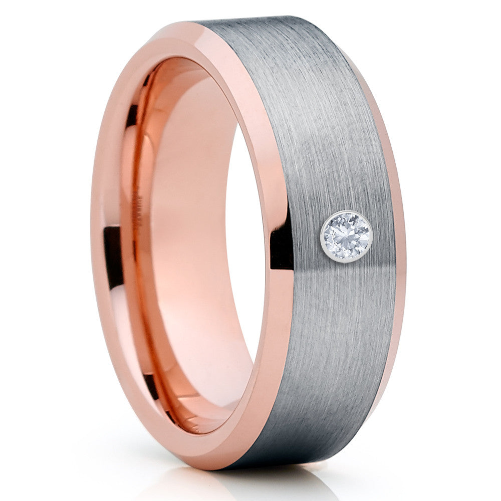 Rose Gold Tungsten Ring - White Diamond Ring - Men's Wedding Band - Wedding Band