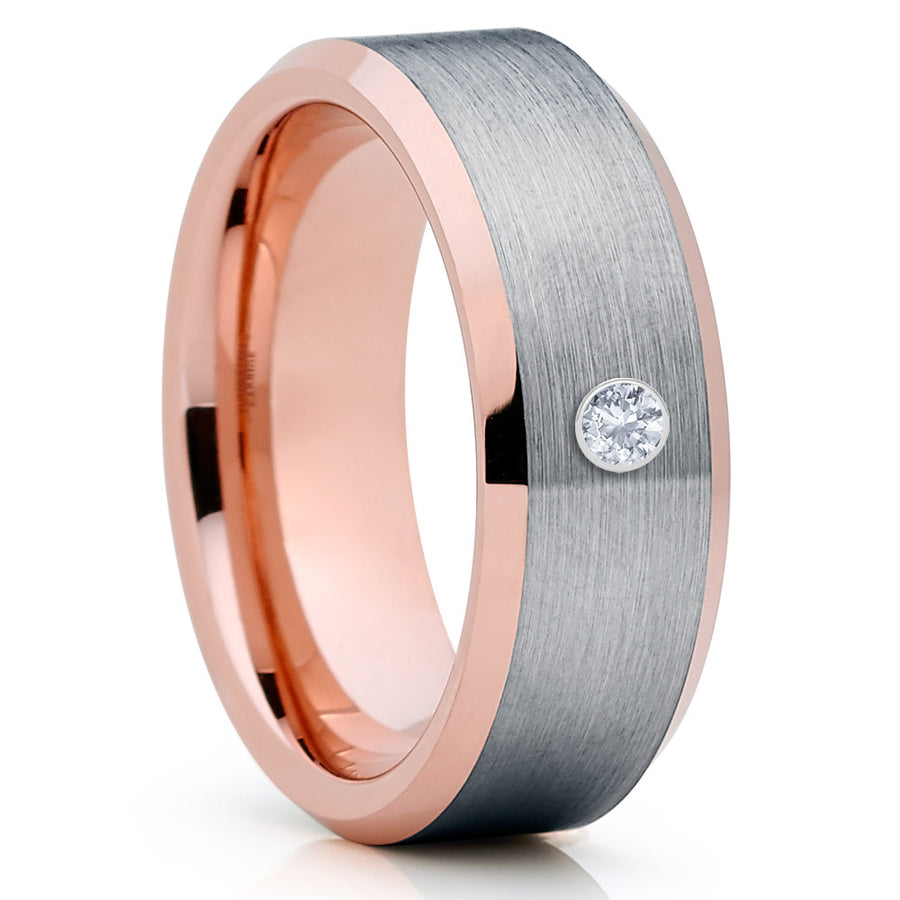 Rose Gold Tungsten Ring - White Diamond Ring - Men's Wedding Band - Clean Casting Jewelry
