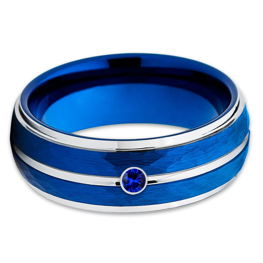 Blue Tungsten Wedding Band - Blue Sapphire Tungsten Ring - Hammered Ring - Clean Casting Jewelry
