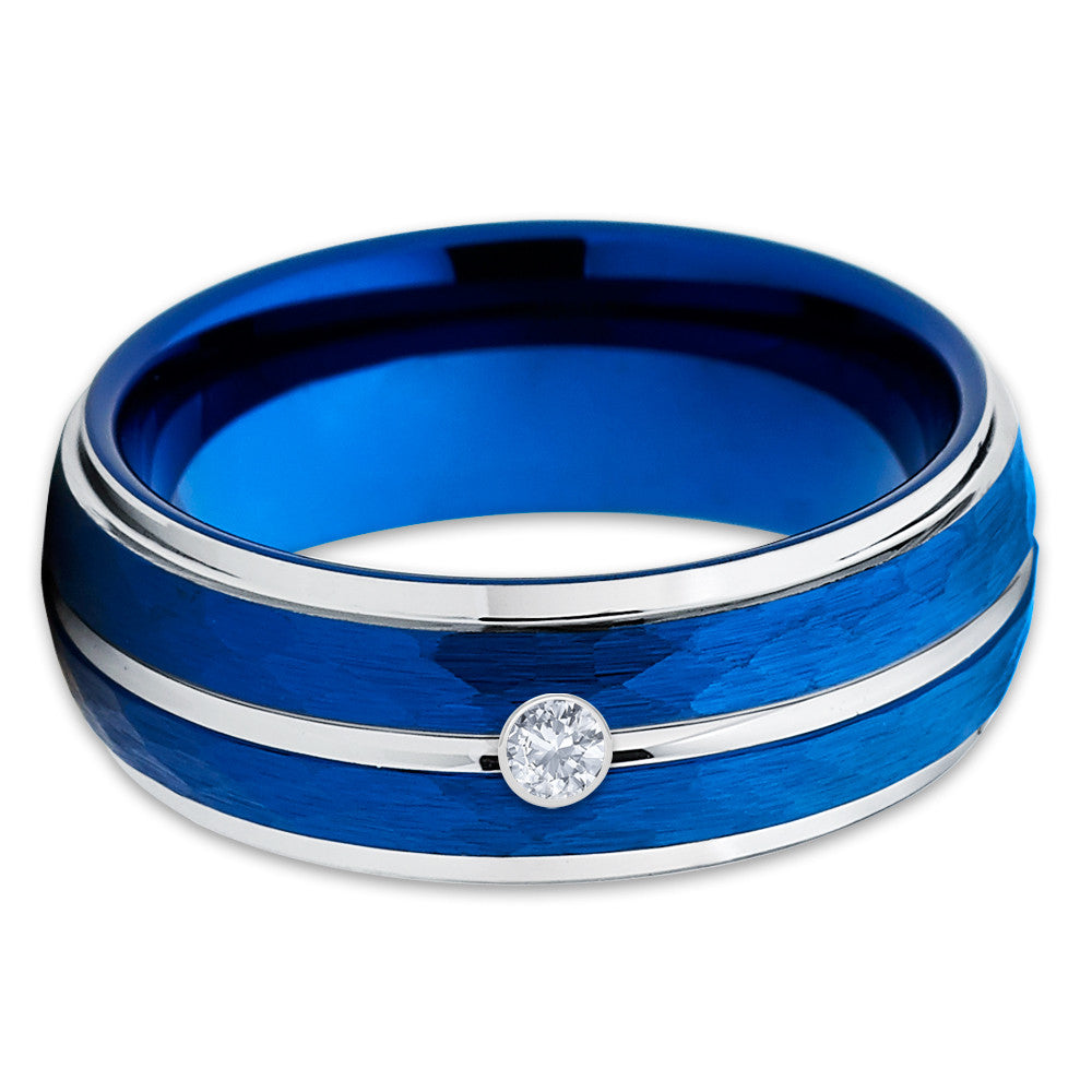 Blue Tungsten Wedding Band - White Diamond Tungsten Ring - Blue Tungsten - Clean Casting Jewelry