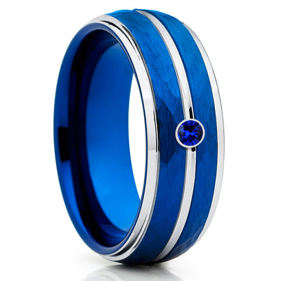 Blue Tungsten Wedding Band - Blue Sapphire Tungsten Ring - Hammered Ring - Clean Casting Jewelry