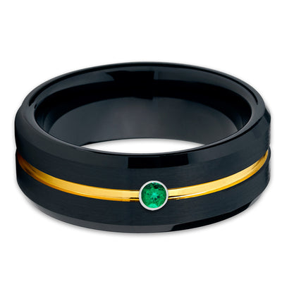 Black Tungsten Wedding Band - Yellow Gold Tungsten - Emerald Ring - 8mm - Clean Casting Jewelry