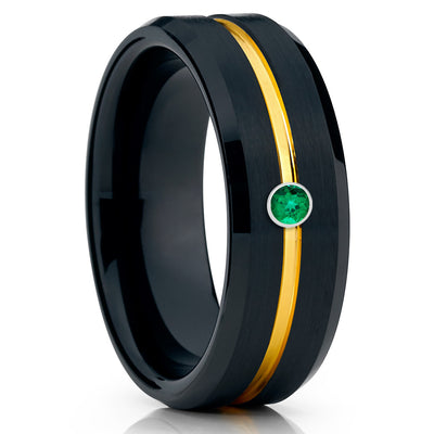 Black Tungsten Wedding Band - Yellow Gold Tungsten - Emerald Ring - 8mm - Clean Casting Jewelry