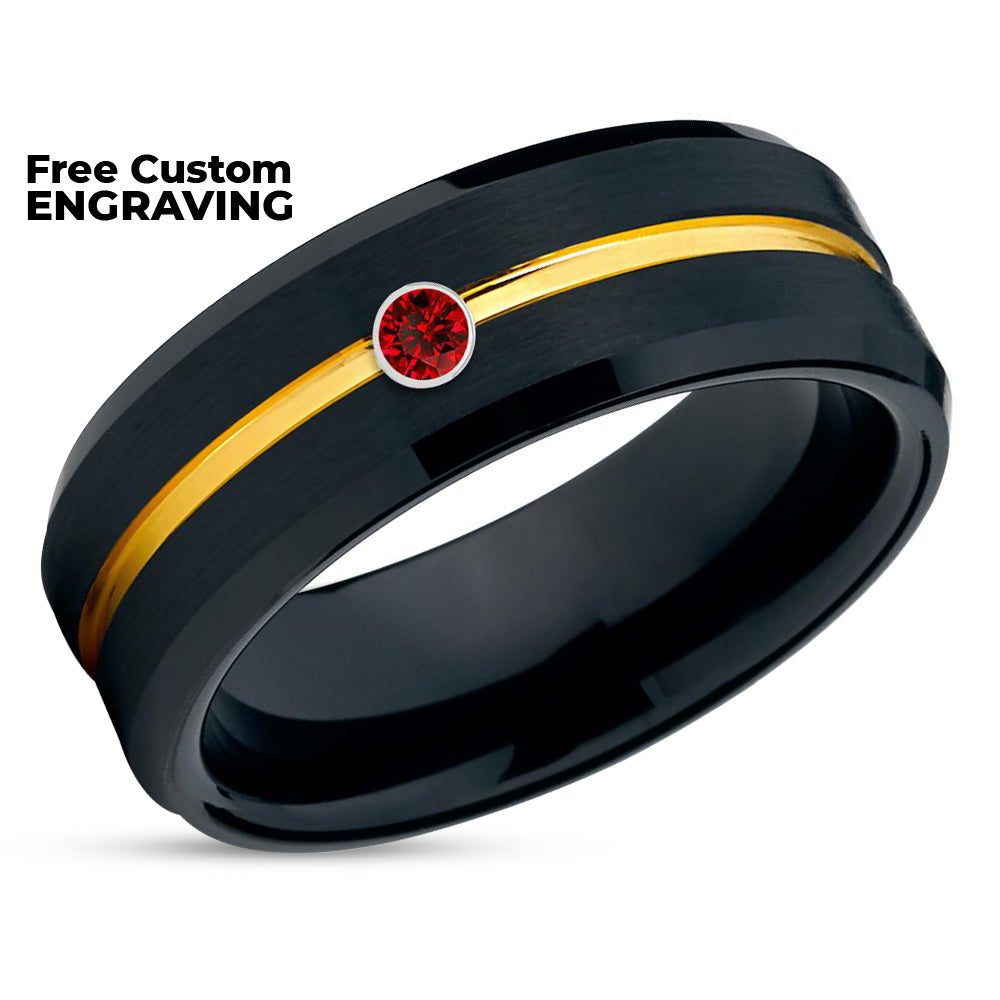 Black Tungsten Wedding Ring - Ruby Wedding Band - Anniversary Ring - Yellow Gold Ring