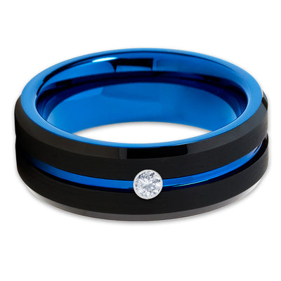 Blue Tungsten Ring - White Diamond Ring - Black Tungsten - Men's Ring - Clean Casting Jewelry