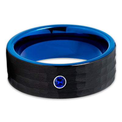 Blue Wedding Band - Black Tungsten Ring - Blue Sapphire - Hammered - Clean Casting Jewelry