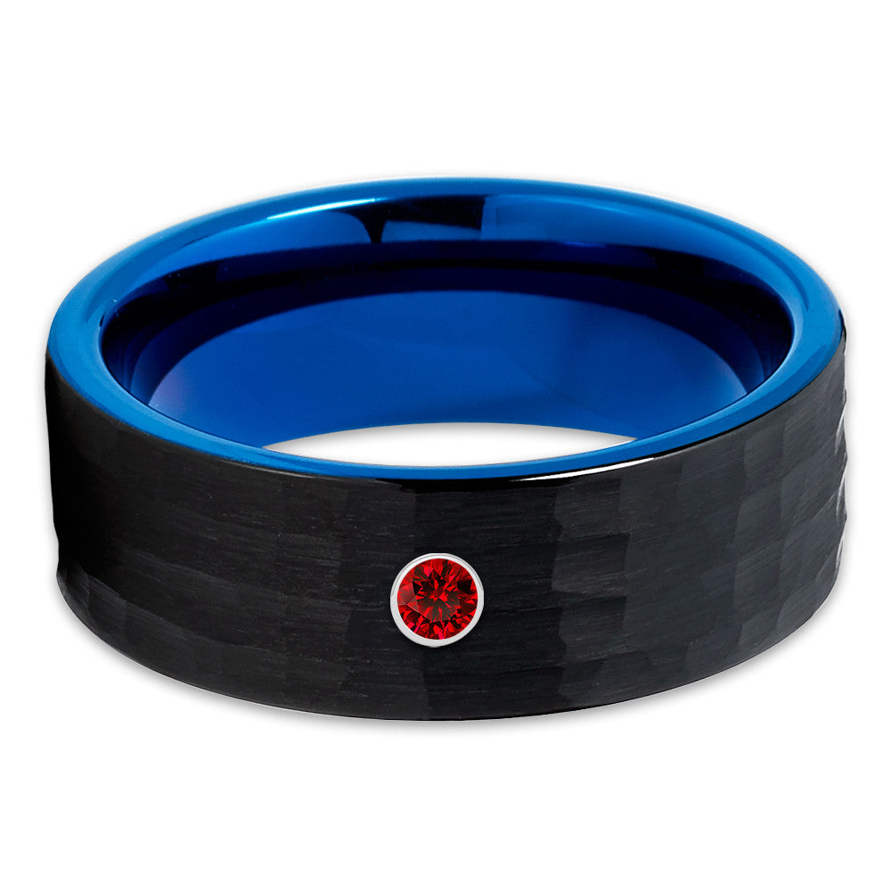 Blue Tungsten Band - Ruby Tungsten Ring - Hammered - Black Ring - 8mm - Clean Casting Jewelry