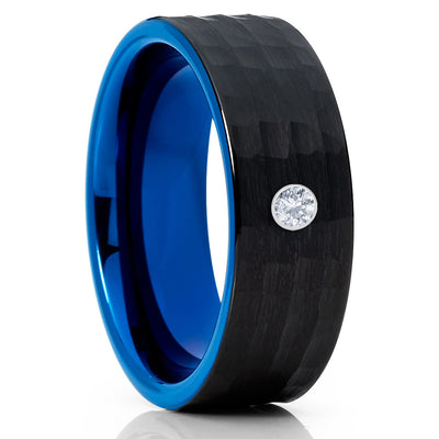 Blue Tungsten Wedding Band - White Diamond Tungsten Ring - 8mm - Black - Clean Casting Jewelry