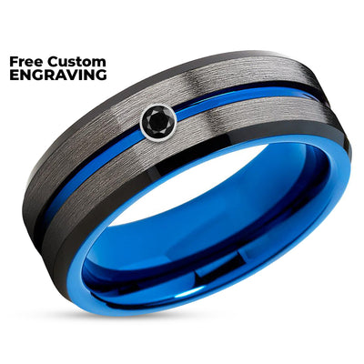 Black Diamond Wedding Ring - Gunmetal Tungsten Ring - Blue Wedding Band - Brush