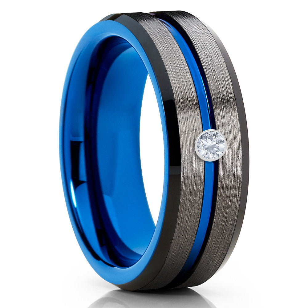 Gunmetal Wedding Ring - Blue Wedding Ring - White Diamond Ring - Black Wedding Ring