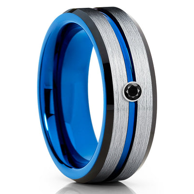 Blue Tungsten Ring - Black Diamond Tungsten - Silver Tungsten Ring - Brush - Clean Casting Jewelry