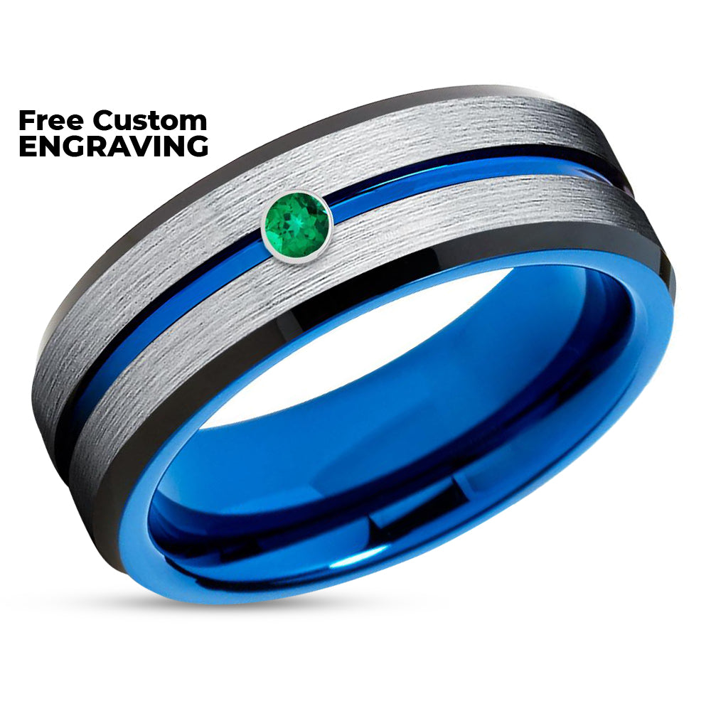 Blue Tungsten Wedding Band - Silver Wedding Ring - Emerald Wedding Ring - Black Ring