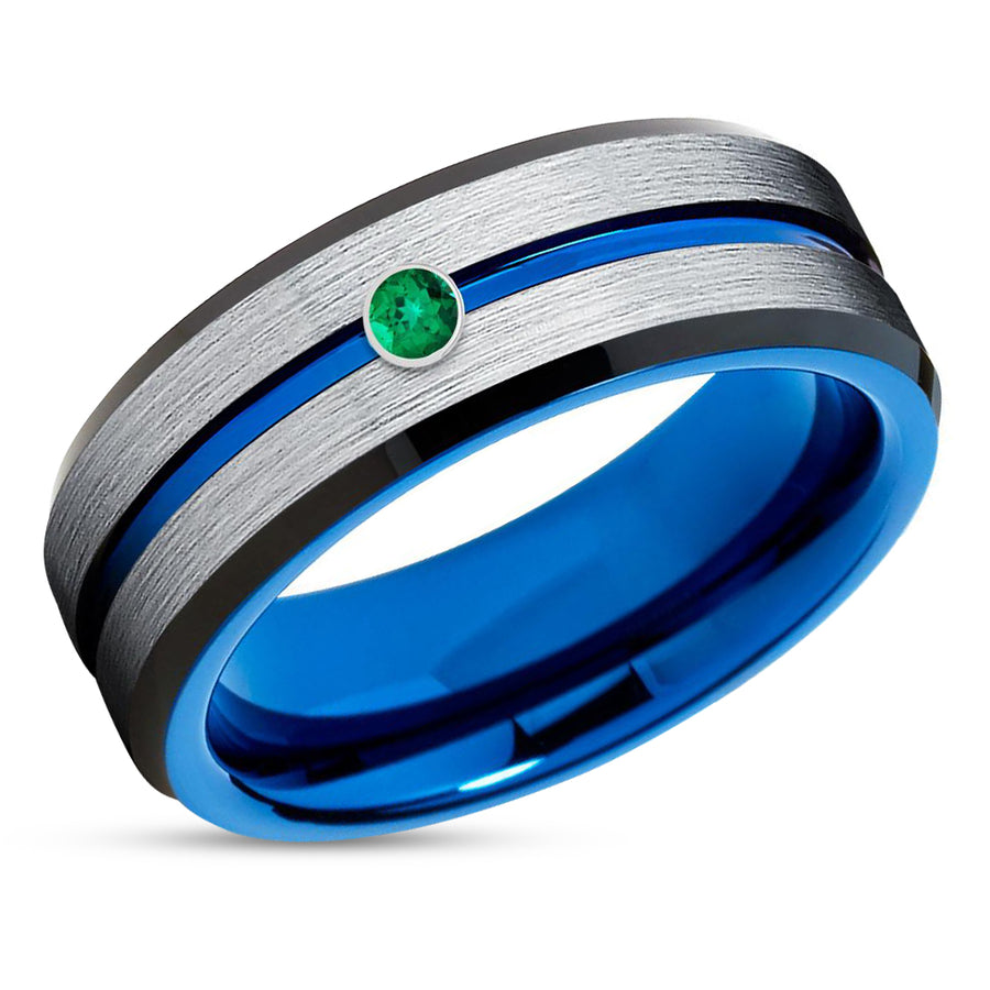 Blue Tungsten Wedding Band - Silver Wedding Ring - Emerald Wedding Ring - Black Ring