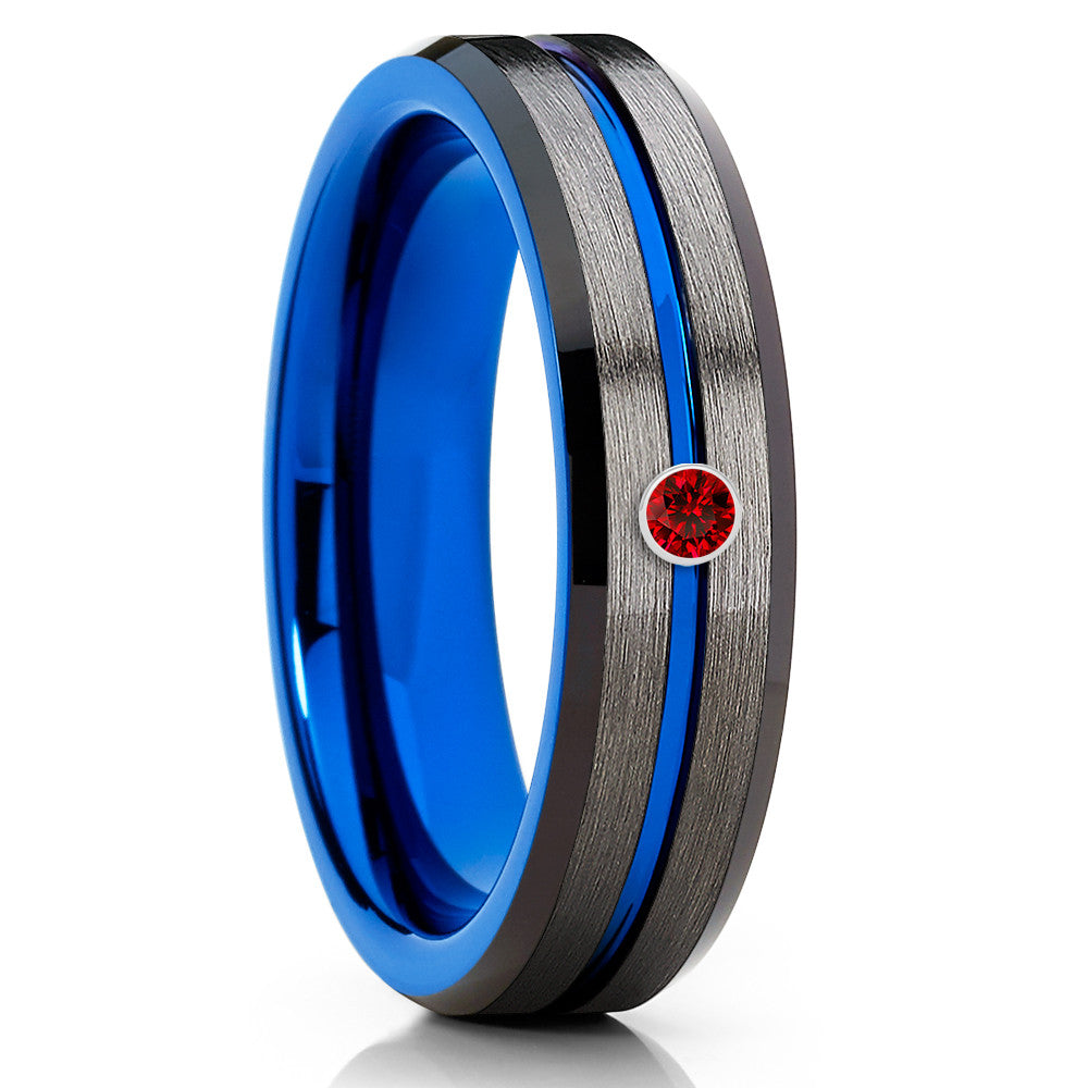 Ruby Tungsten Wedding Band - Blue Tungsten Ring - Gunmetal Tungsten Ring - Clean Casting Jewelry