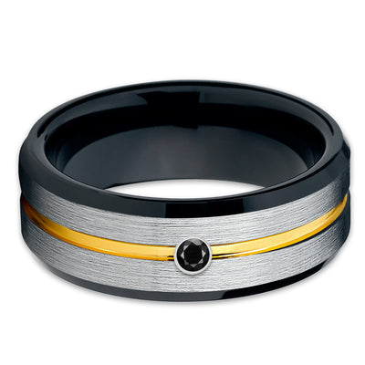 Yellow Gold Tungsten Ring - Black Diamond Ring - Black Tungsten Ring - Brush - Clean Casting Jewelry