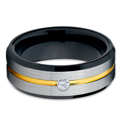 Yellow Gold Tungsten Ring - White Diamond Tungsten Ring - 8mm - Black - Clean Casting Jewelry